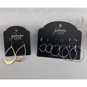 New 6-Pair Set of Silver Hoops and Studs with A Pair of Gold Teardrop Earrings
